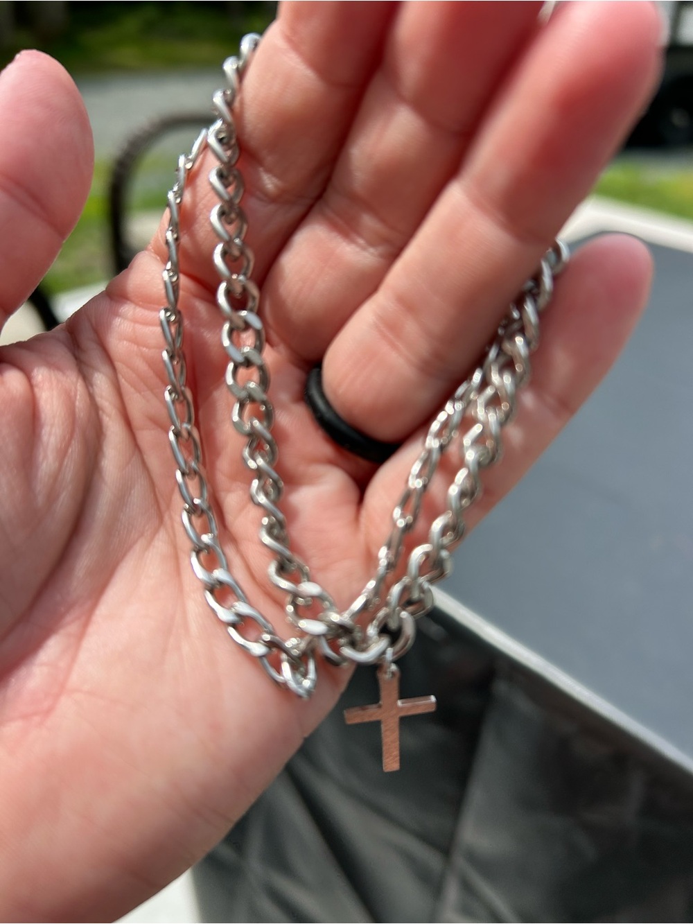 5/$25 Silver Tone Double Chain bracelet with Cross Pendant